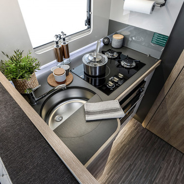 K Yacht 59 Kitchen with sink cover